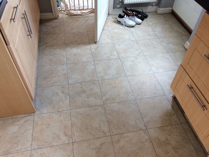 The vinyl floor covering in the kitchen area.