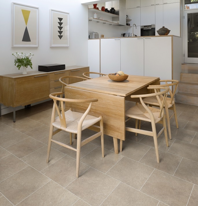 A kitchen with vinyl flooring