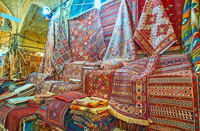 Persian rugs on a market stall in Shiraz