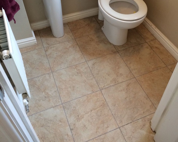 The vinyl floor tiles in the bathroom of the house.