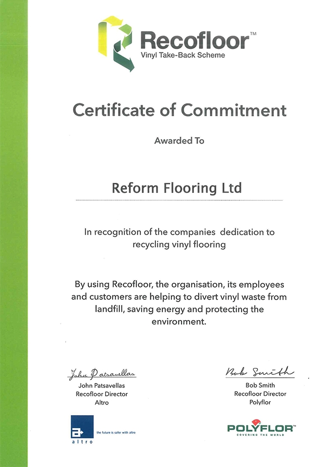 Reform Flooring's certificate of commitment to Recofloor 4